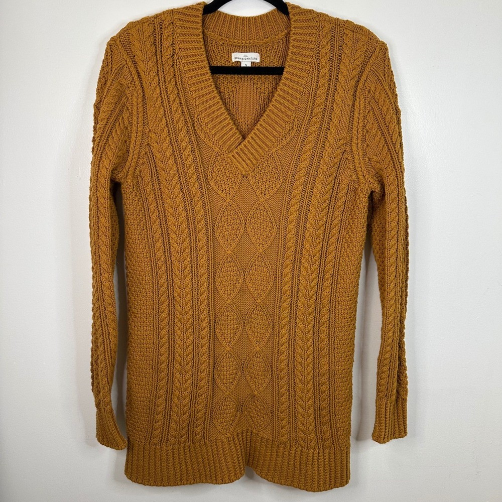 LL Bean Signature Fisherman Cable Knit V Neck Cotton Sweater Mustard‎ Yellow